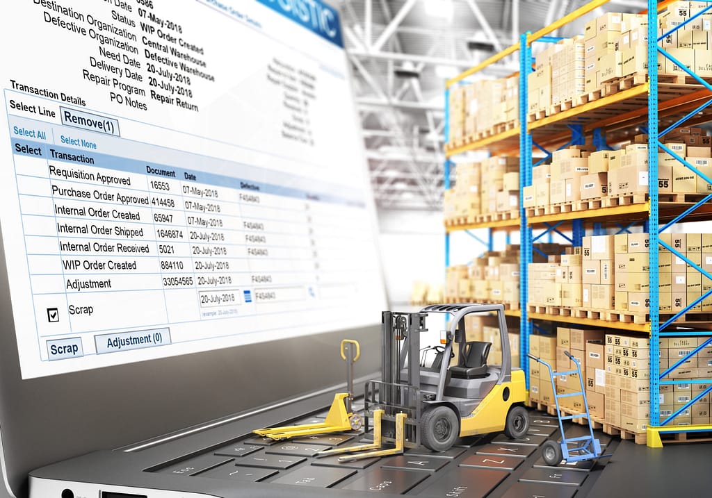 Logistic concept. Forklift with cardboard boxes on a notebook keyboard. 3d illustration
